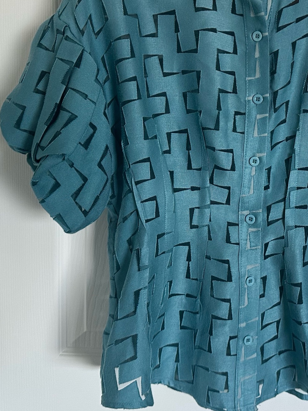 Gracia Teal blue Geometric Short-Sleeve Button-Up Shirt Large - Picture 9 of 10